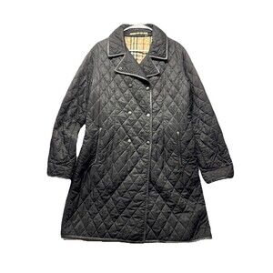 Burberry Black Diamond Quilted Leather Trim Snap Front Jacket Coat Size L Belted